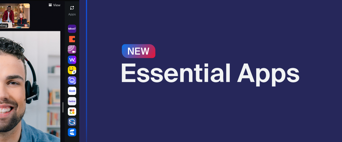 Graphic showing the Essential Apps logo as well as the edge of a Zoom meeting which features the selection of the eleven Essential Apps